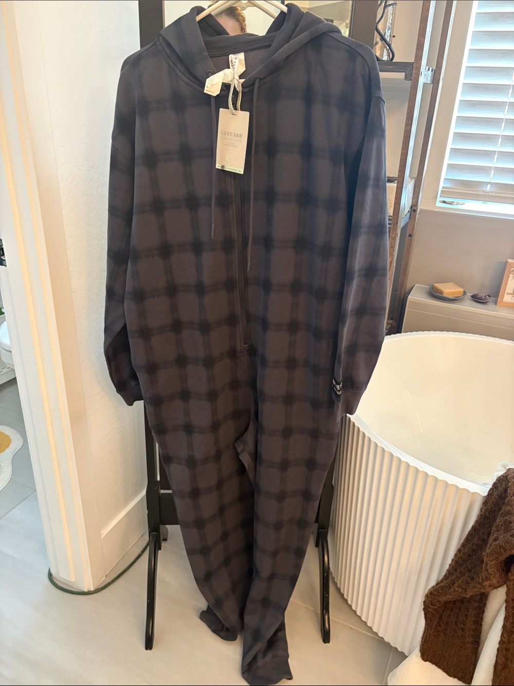 Fabletics Black Gray Plaid Cozy Hooded Onesie